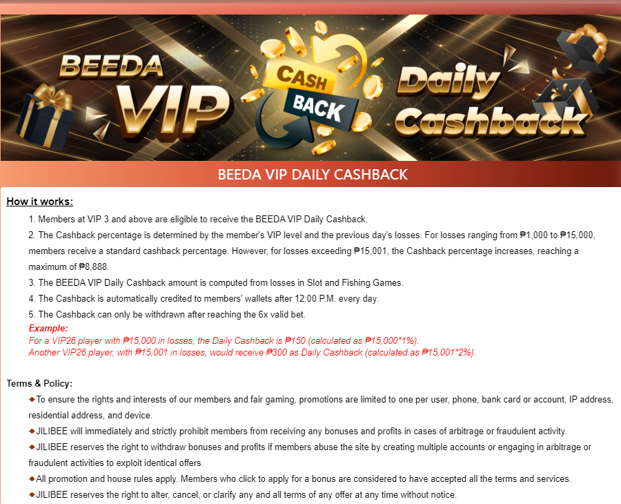 beeda vip daily cash back terms policy