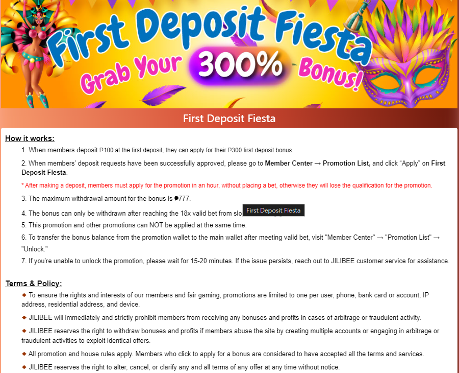 first deposit fiesta terms policy